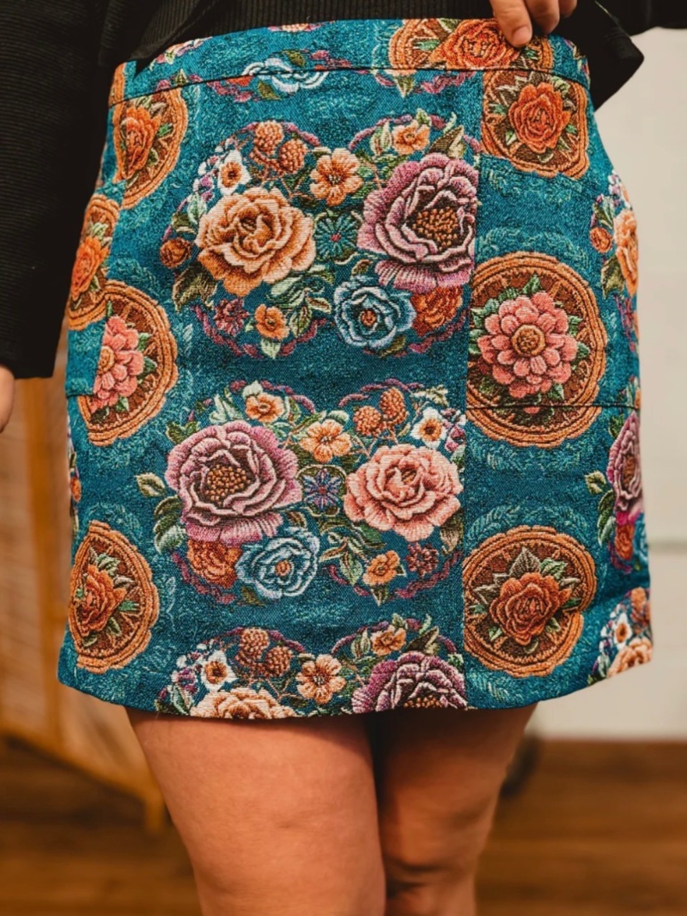 Floral Tapestry Mini Skirt in Teal